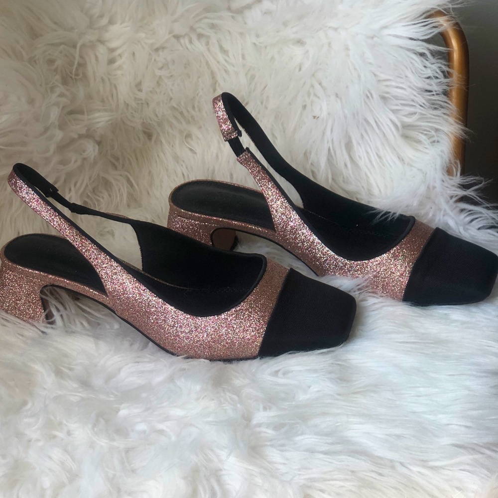 NEW ASOS wide fit Sally toe cap sling back block heeled shoes in glitter